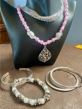 Vintage Silver Cascade & Pink Beaded Pendant Necklace with Silver Filigree Charm